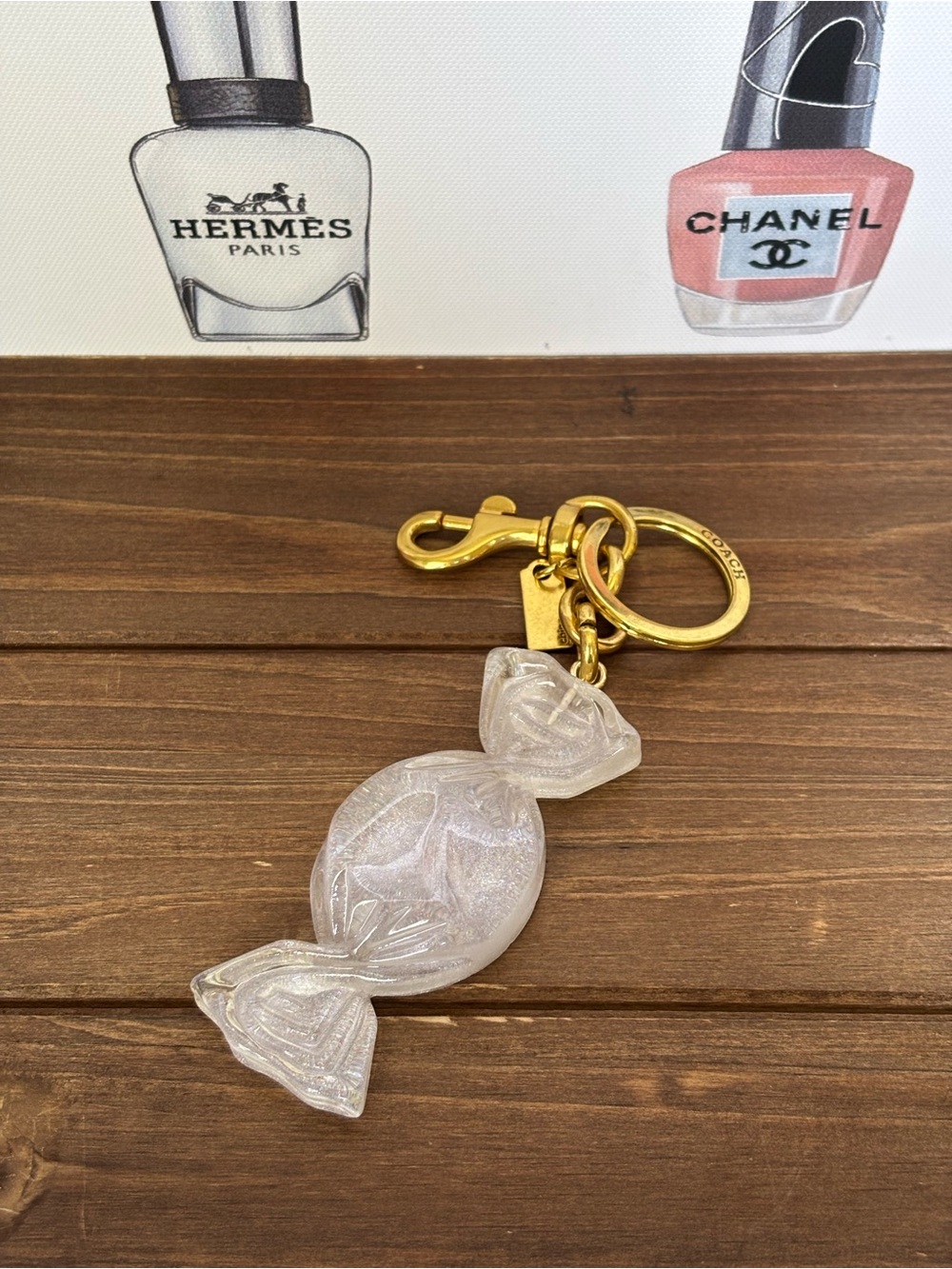 Cute Iridescent White Candy Charm Keychain with Gold Hardware